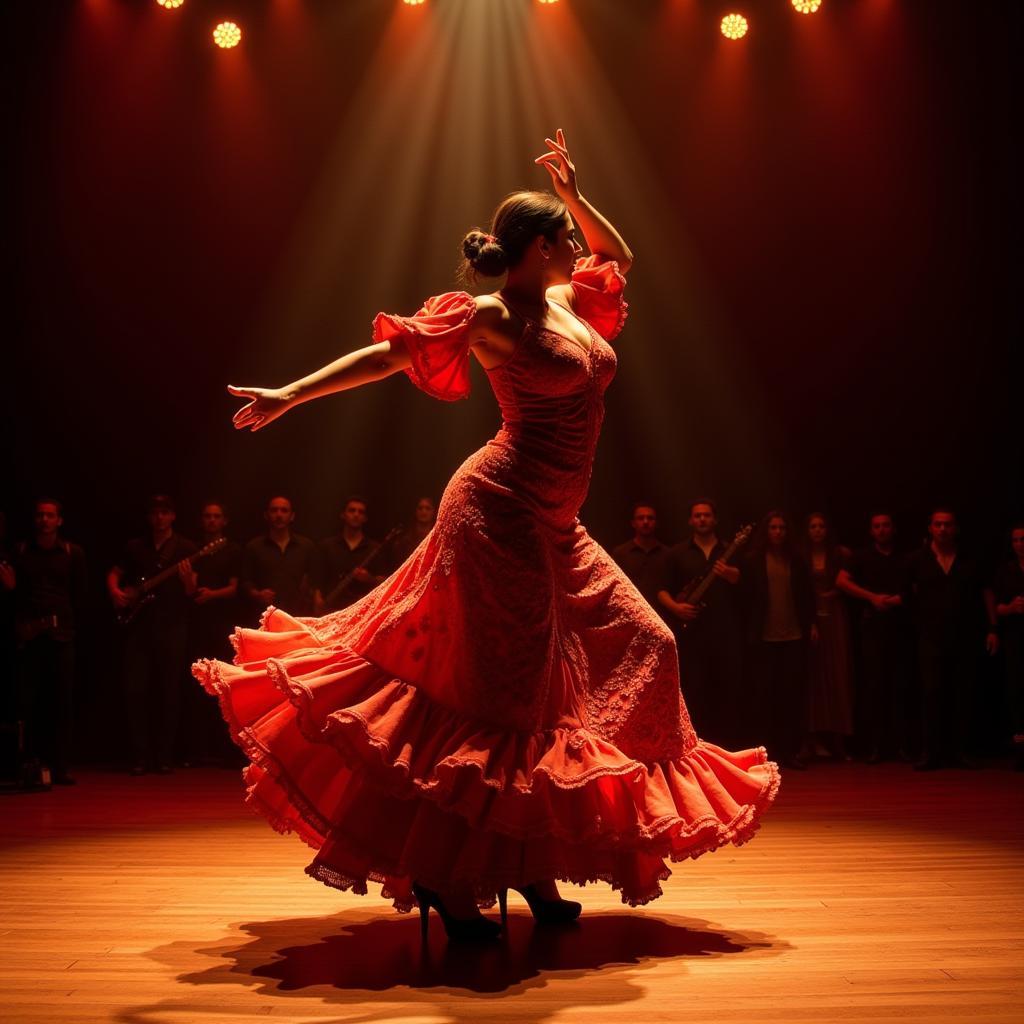 A flamenco dancer performing on a traditional Andalusian stage