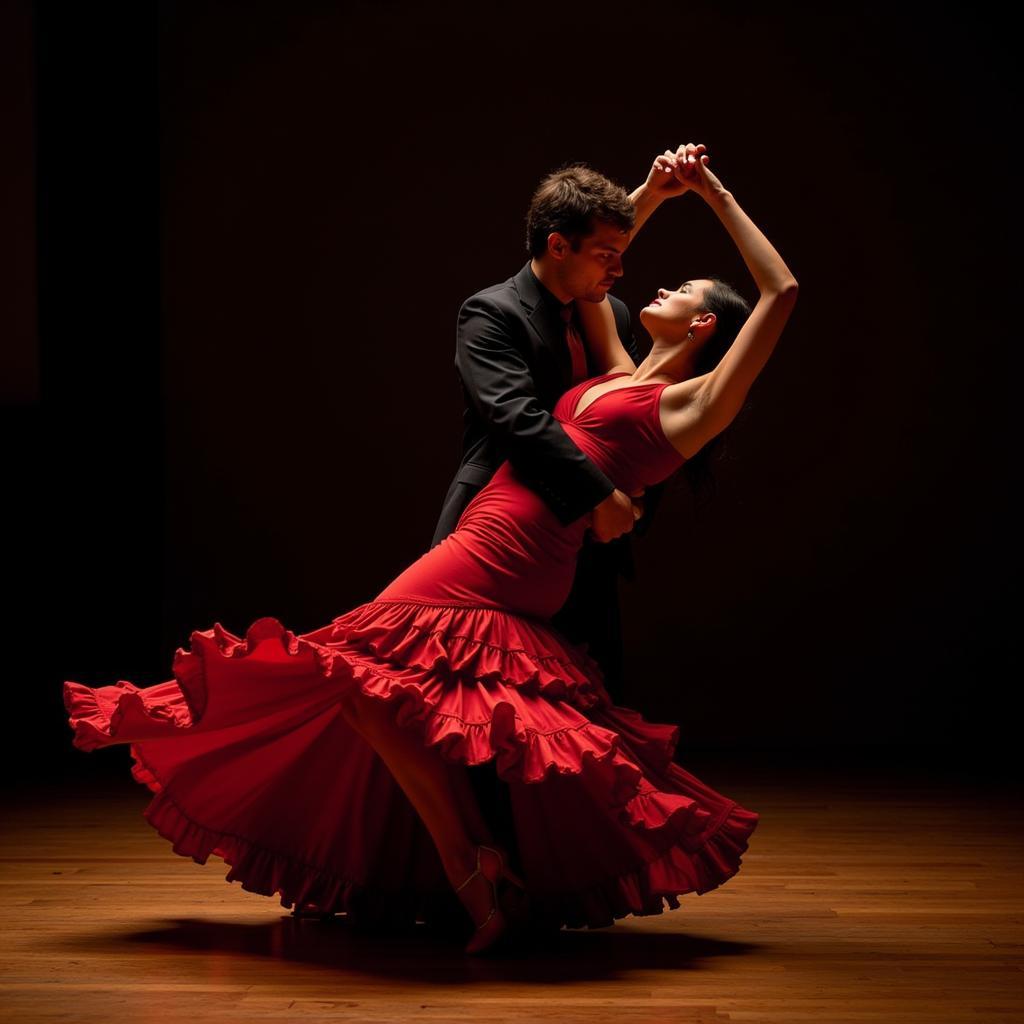 A flamenco dancer in a traditional red dress with ruffles, performing with passion and intensity in a dimly lit, atmospheric tablao in Seville.