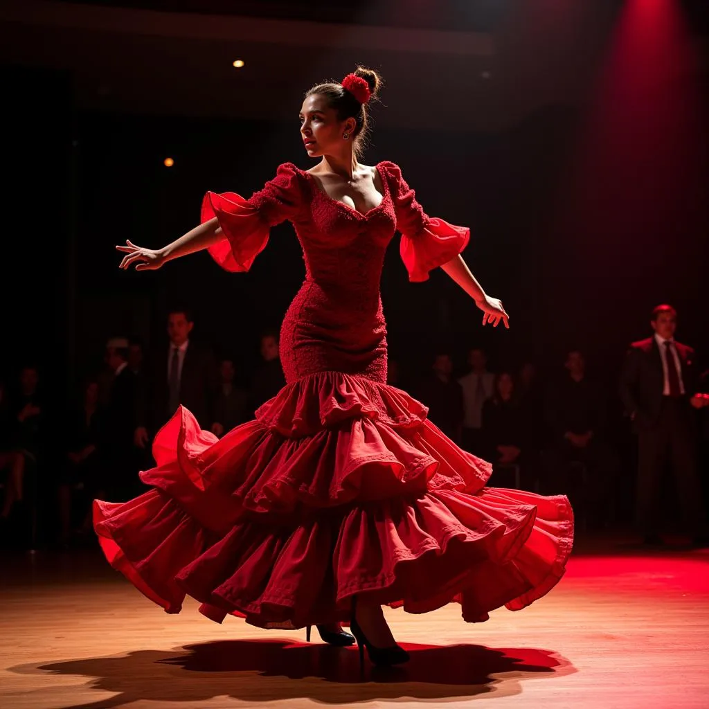 A passionate flamenco dancer performs on a stage bathed in dramatic lighting