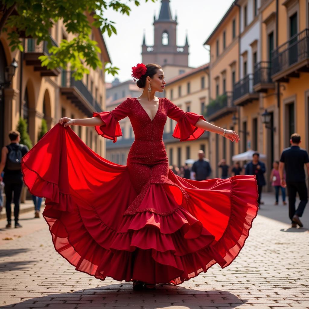 A flamenco dancer performing in a Seville plaza near a Neo Darya Homes property.