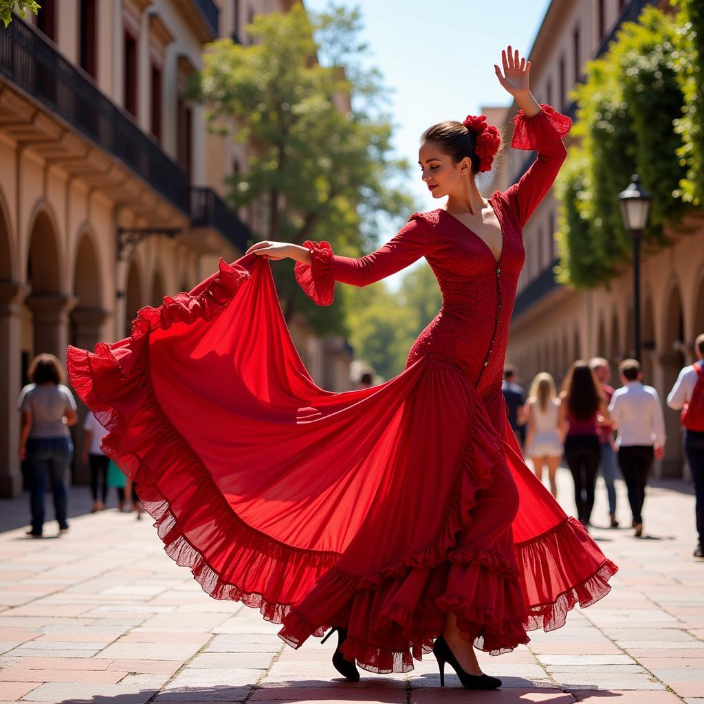 Flamenco dancer performing in a plaza in Seville