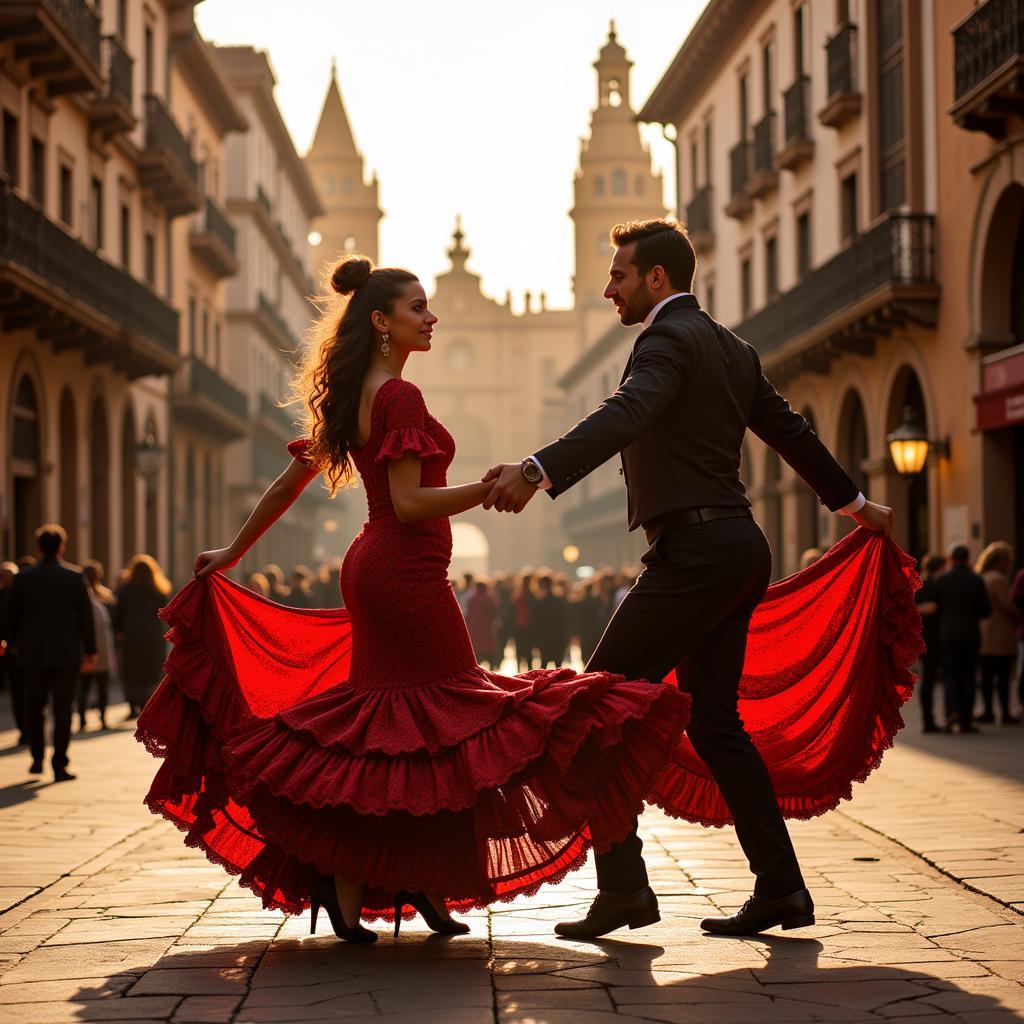 Two flamenco dancers performing with passion and energy in the streets of Seville