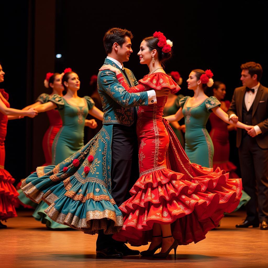 Vibrant flamenco dancers performing in a traditional Madrid tablao 