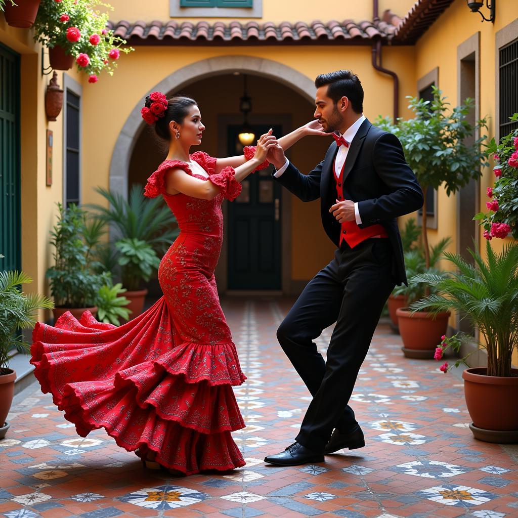 Passionate flamenco dancers performing in a traditional Seville courtyard