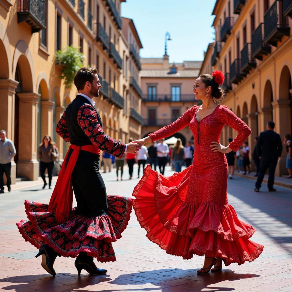 Flamenco dancers performing in a Seville plaza