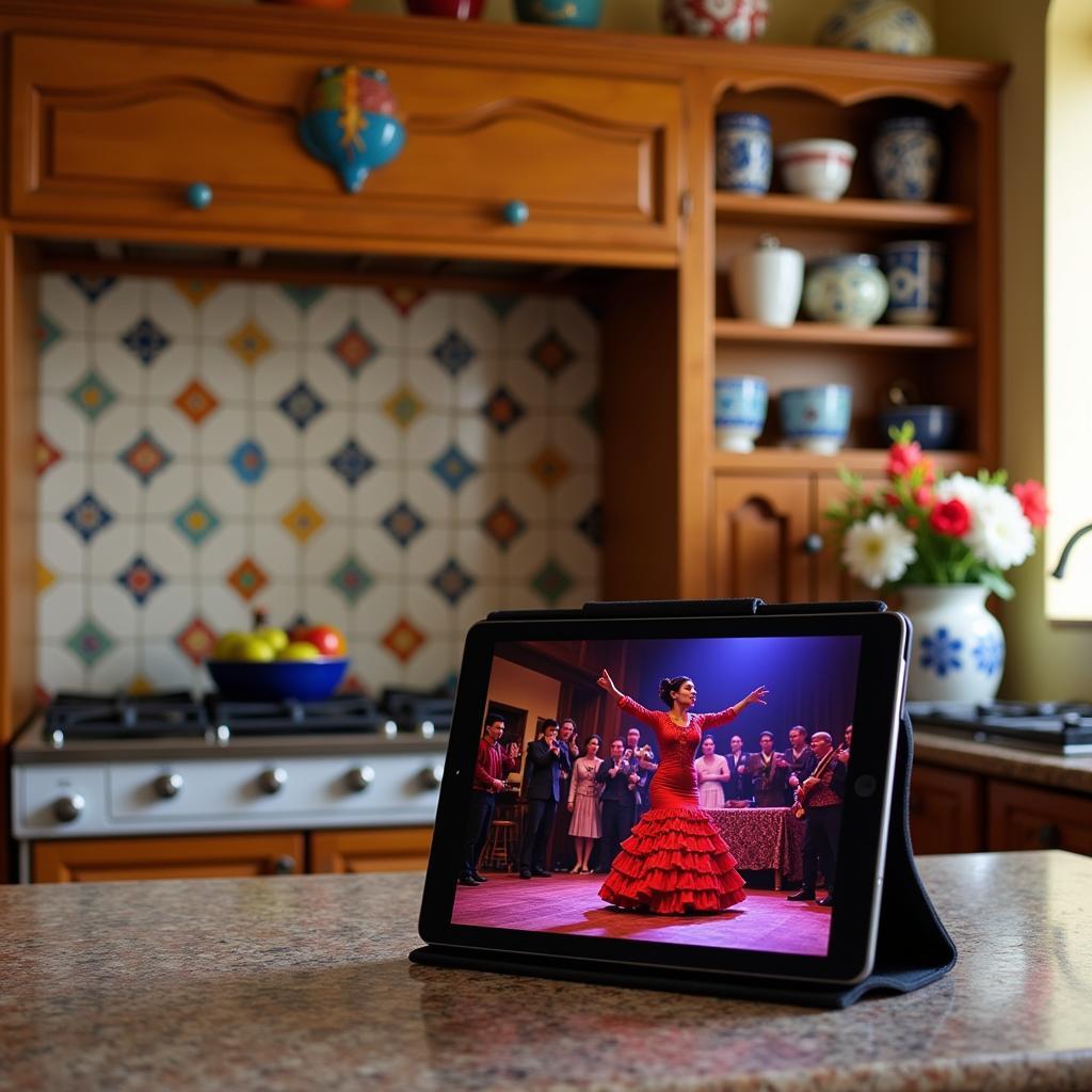 Enjoying a lively flamenco performance on a tablet in a Spanish homestay