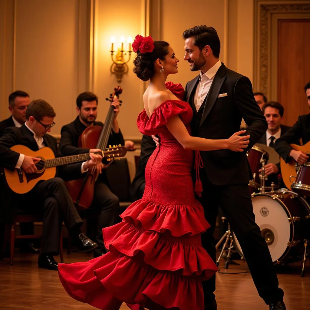 Flamenco dancers performing in a traditional Spanish setting