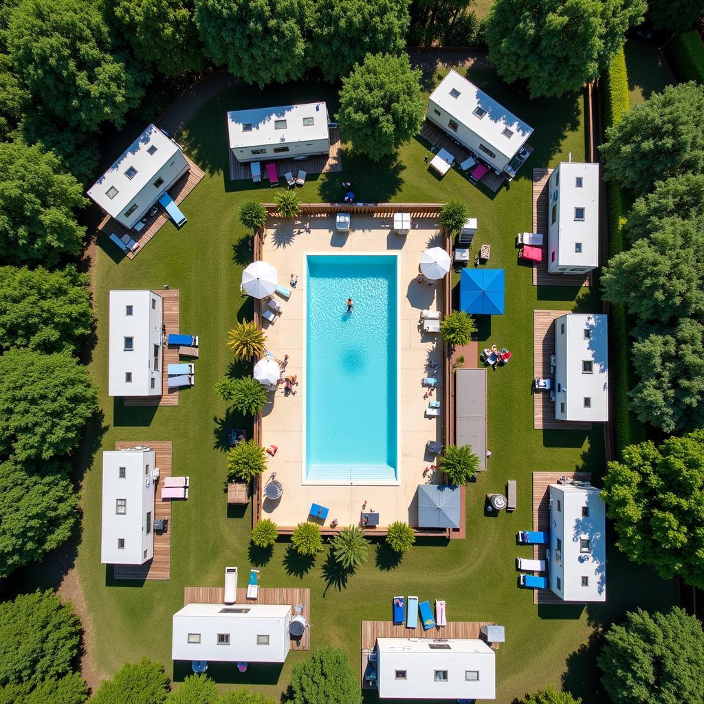 Aerial view of a bustling French campsite with mobile homes