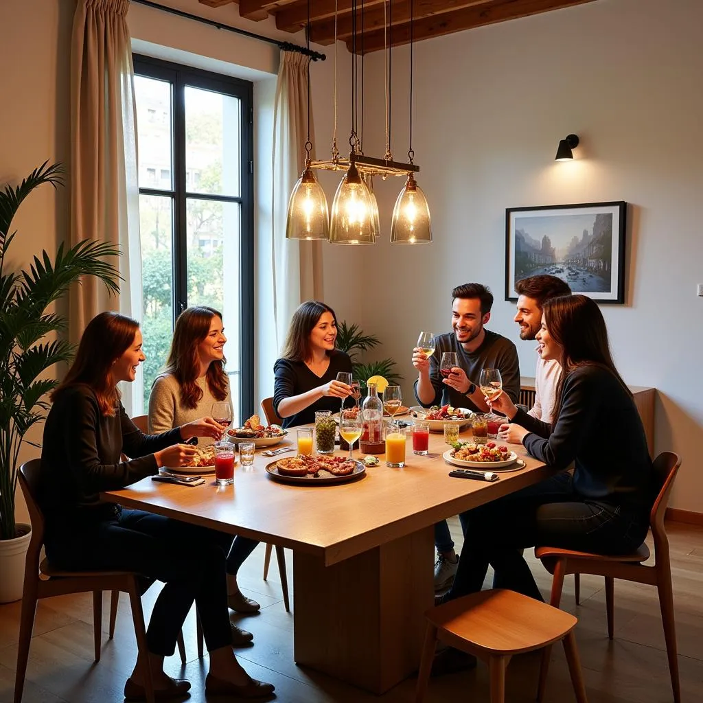 Friends enjoying tapas and drinks around a stylish Kave Home extendable dining table