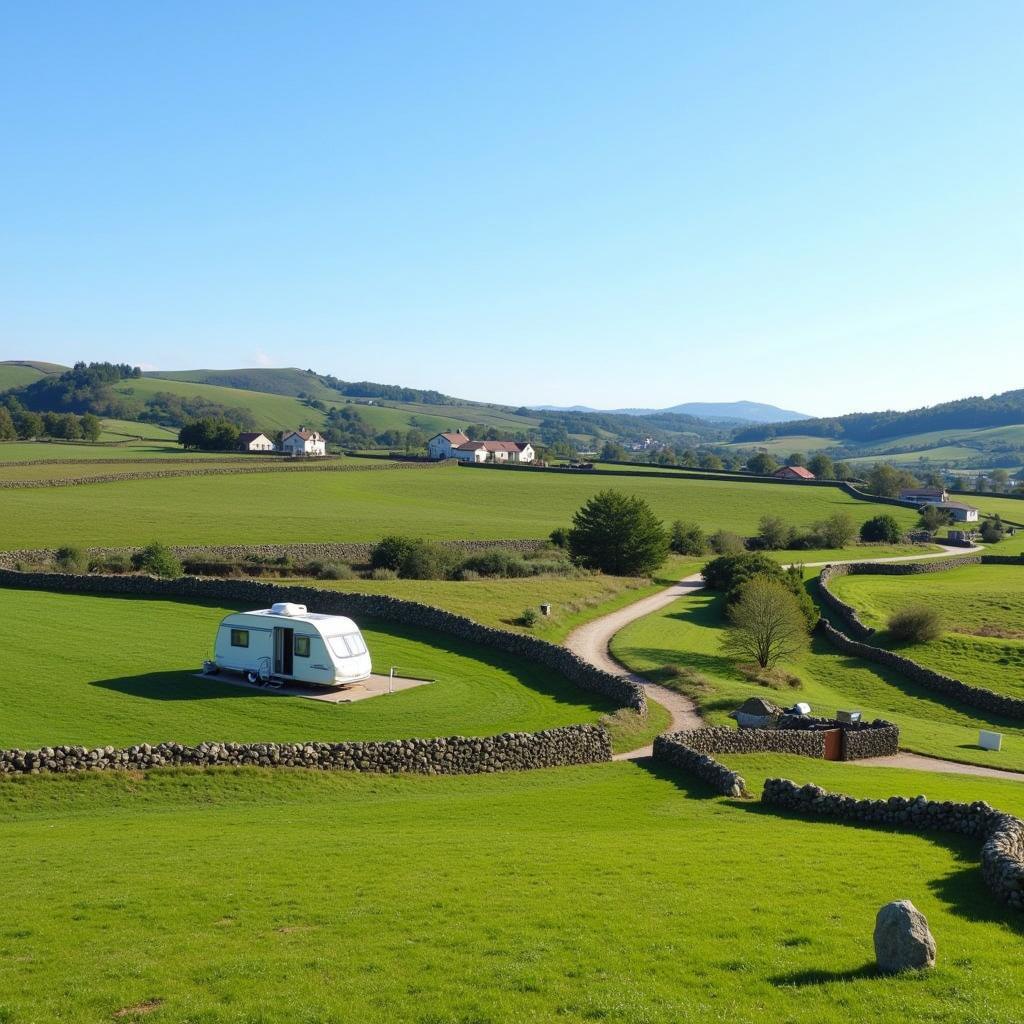 Mobile home nestled in the lush green hills of Galicia