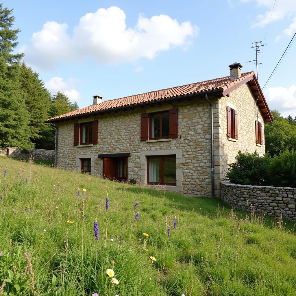 A charming Galician stone house with vibrant flowers and stunning mountain views.