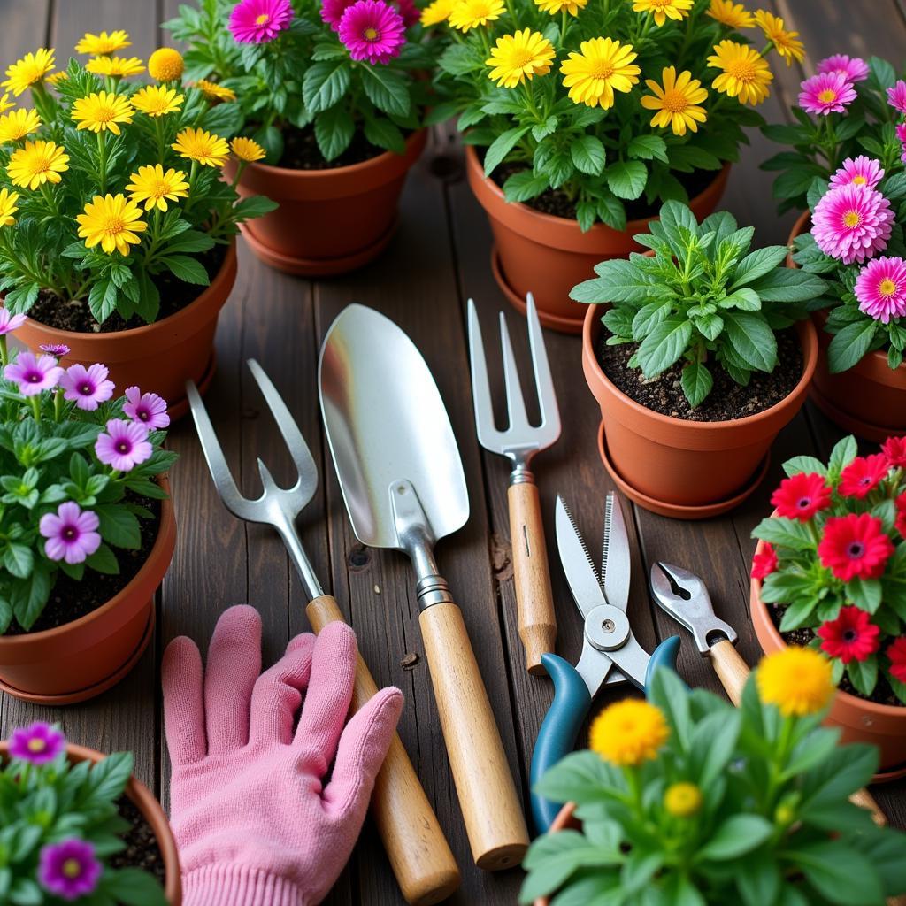 A variety of gardening tools and vibrant plants from Brycus.