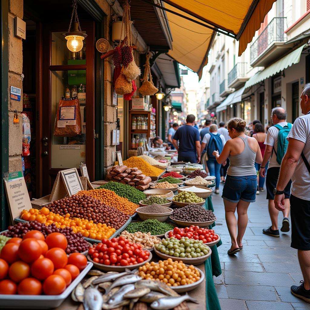 Bustling marketplace in Gava with colorful stalls and local produce