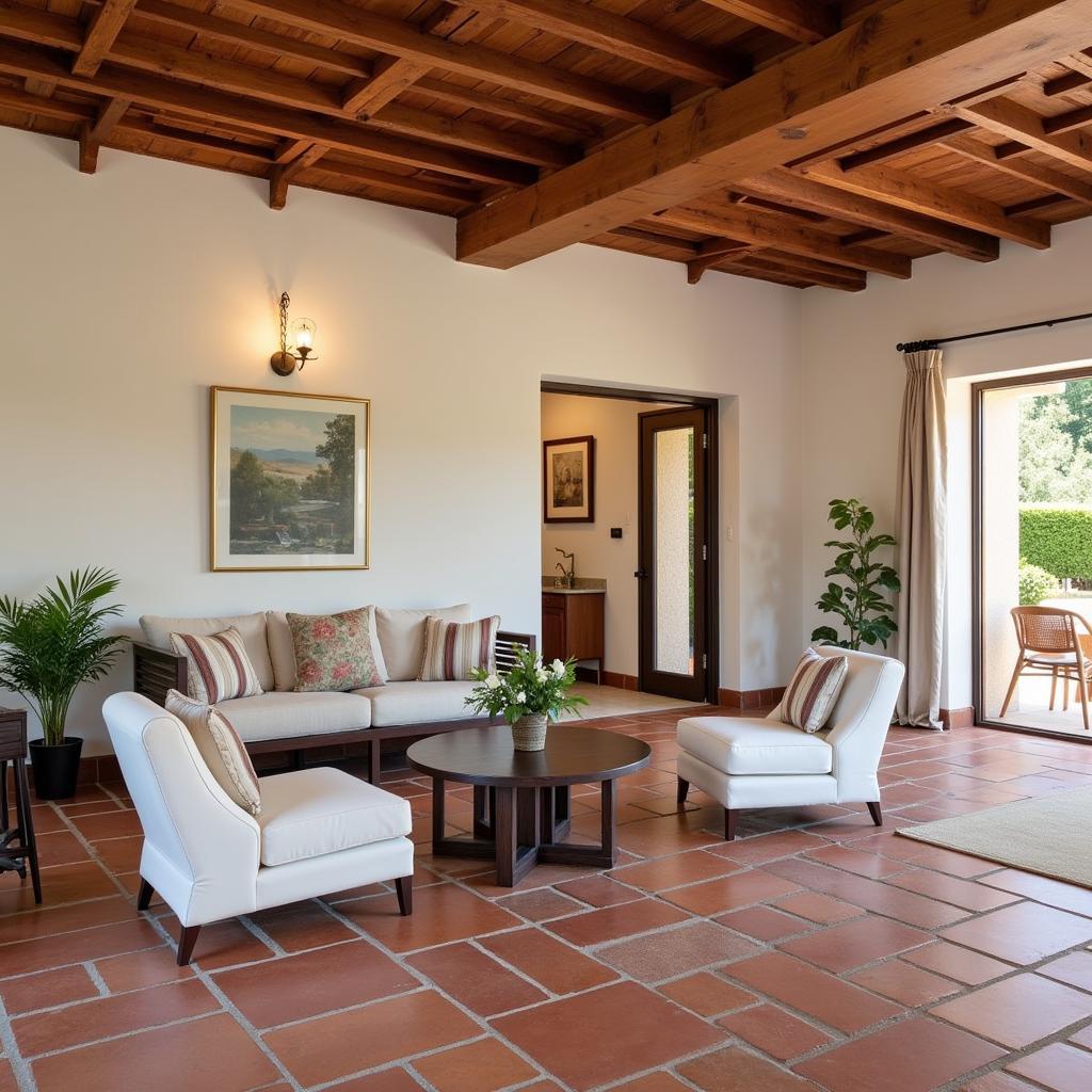 The interior of a genteel home recaredo in Spain with exposed wooden beams, traditional Spanish tiles, and modern furnishings