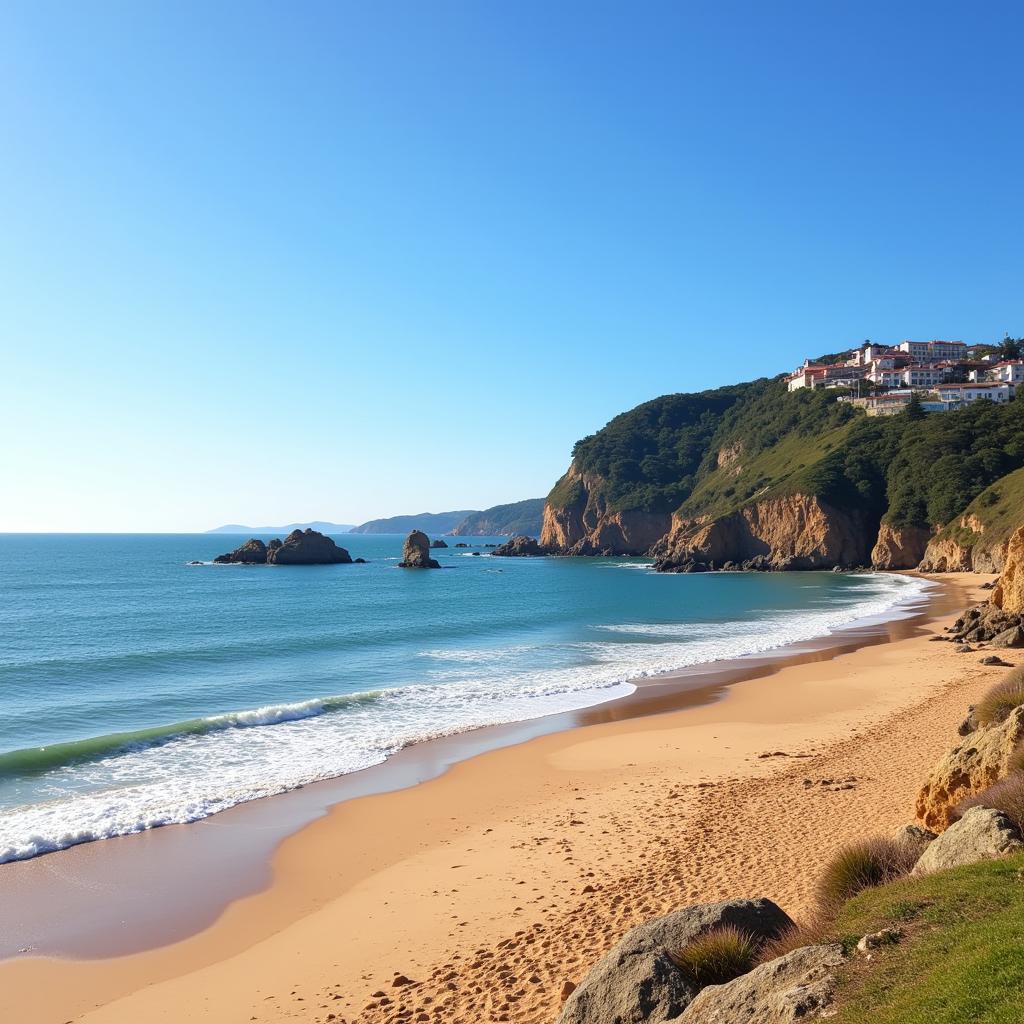 View of the expansive San Lorenzo beach in Gijon with the city in the background