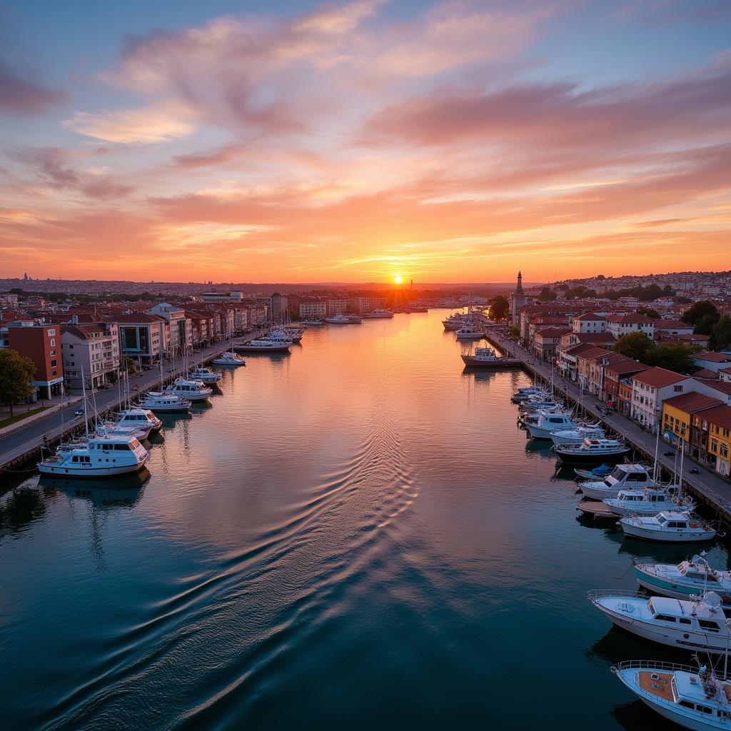 Picturesque view of Gijon's harbor at sunset with sailboats in the foreground