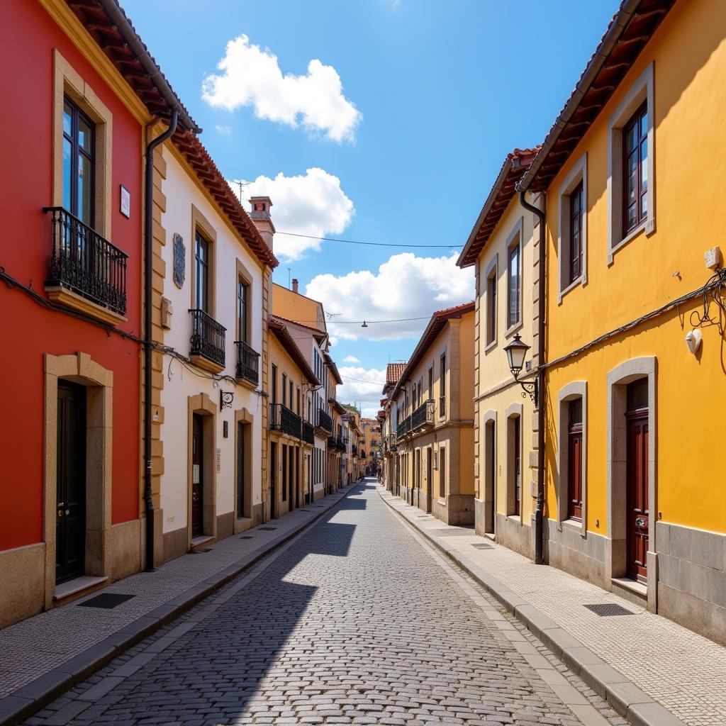 Colorful historic buildings lining a narrow street in Gijon, Spain