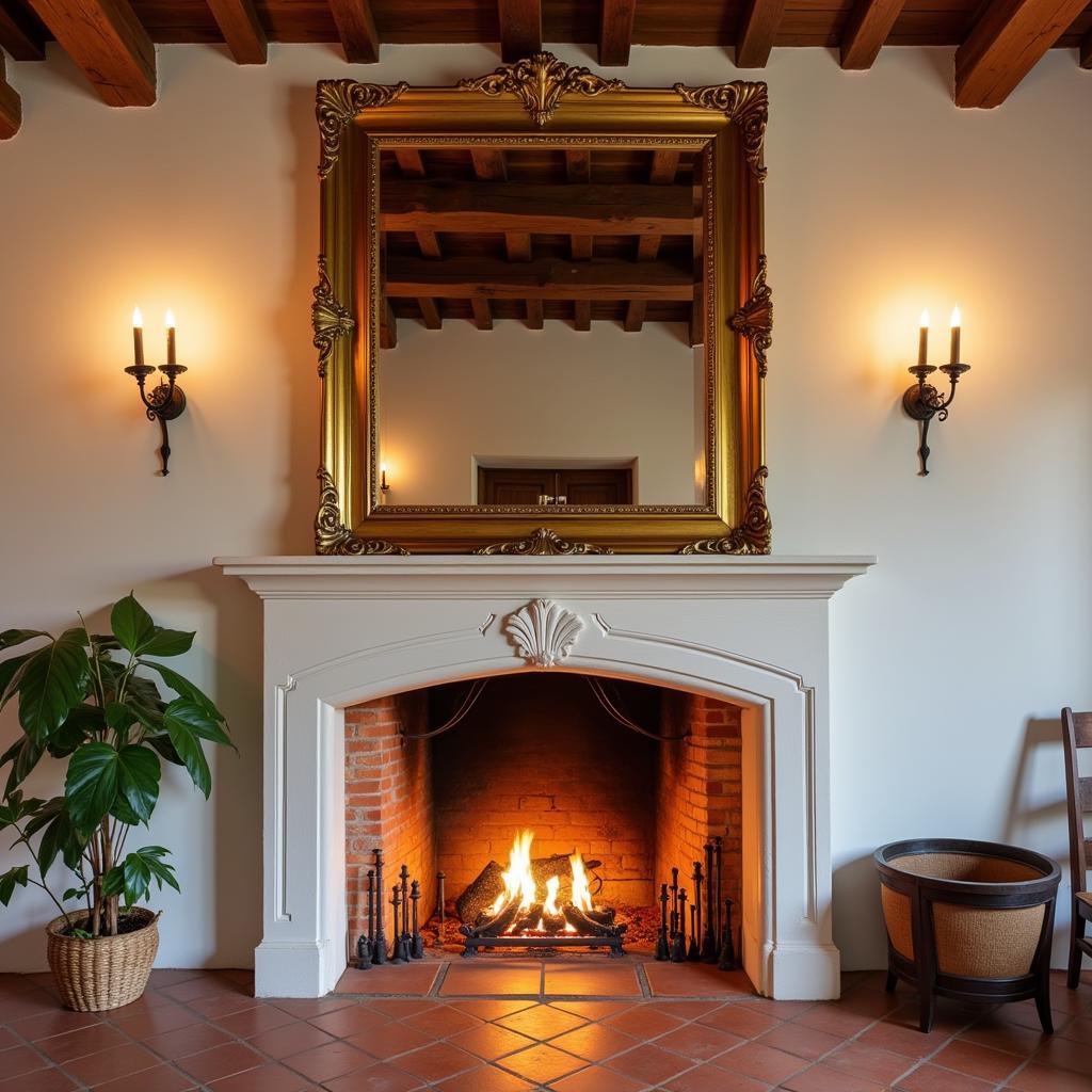 Gilded mirror above a fireplace in a Spanish home