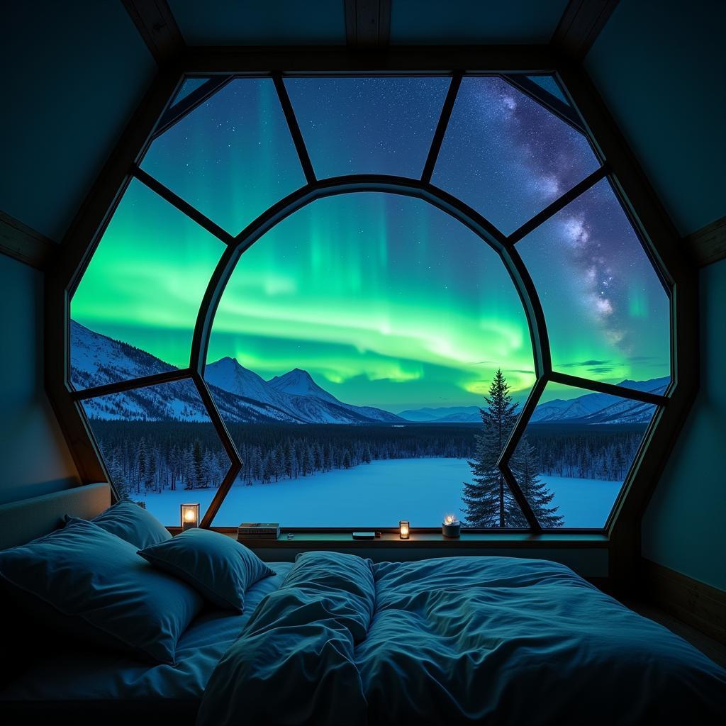 Glass igloo with a panoramic view of the night sky