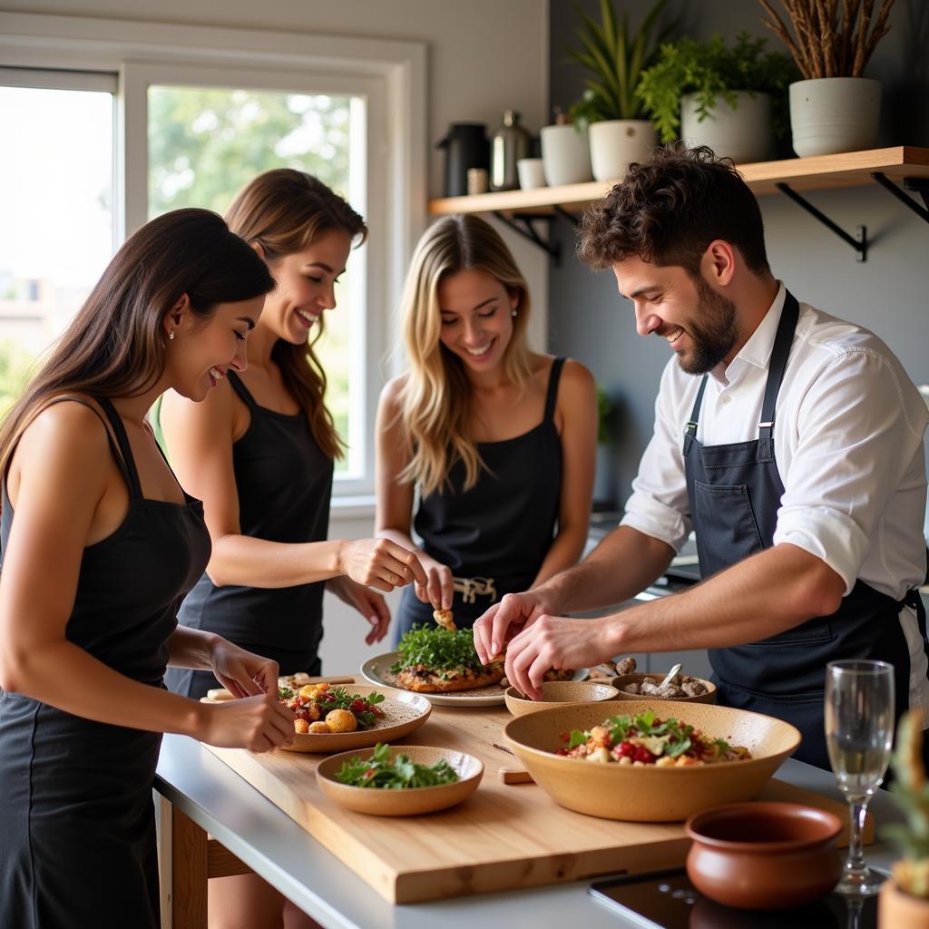  A group of friends laughs and enjoys themselves as they learn to prepare a delicious Spanish feast during a cooking class hosted in their ciudad hom. 