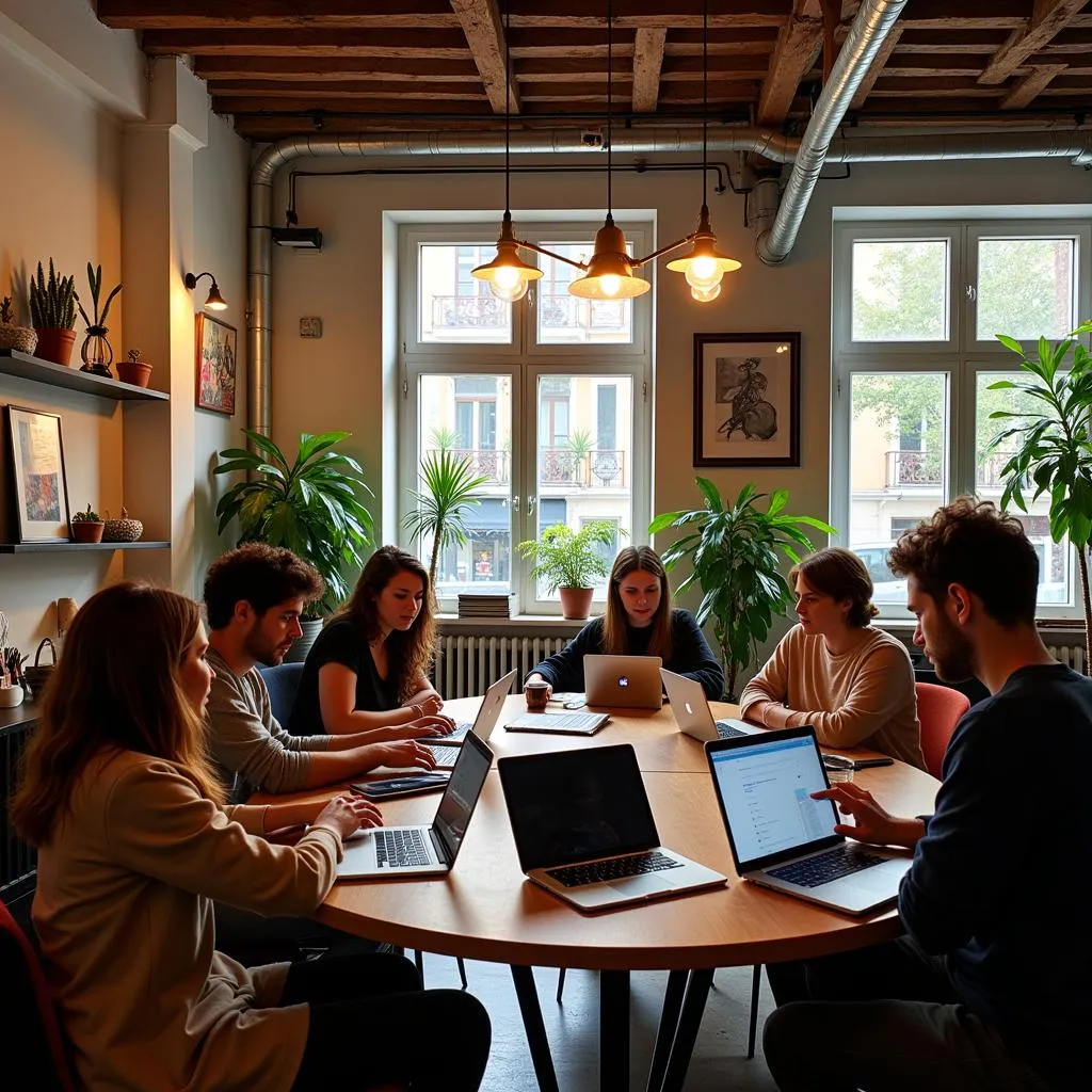 Group of digital nomads working in a coworking space in Barcelona