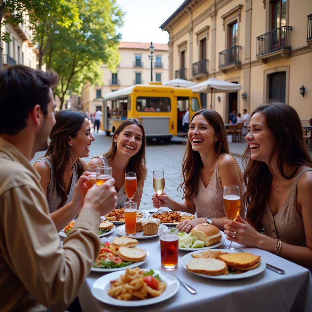 A group of friends enjoying a meal from a food truck in a Spanish plaza