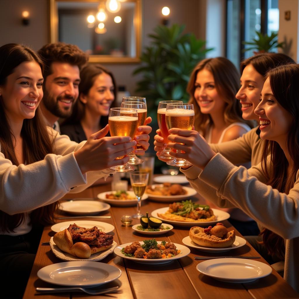 Friends Sharing Tapas and Drinks in a Lively Spanish Restaurant