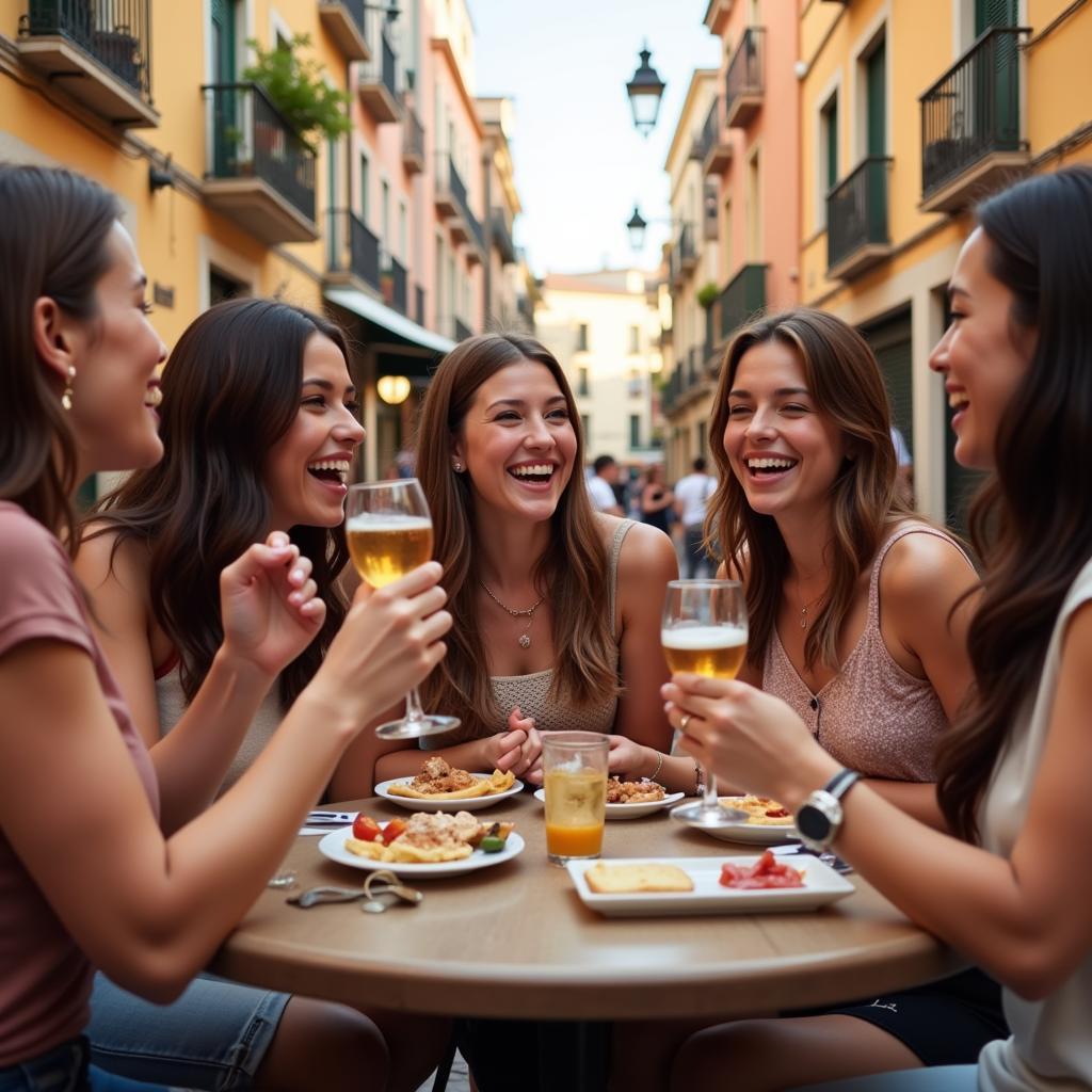 Group of Friends Enjoying Tapas and Drinks in a Spanish Square