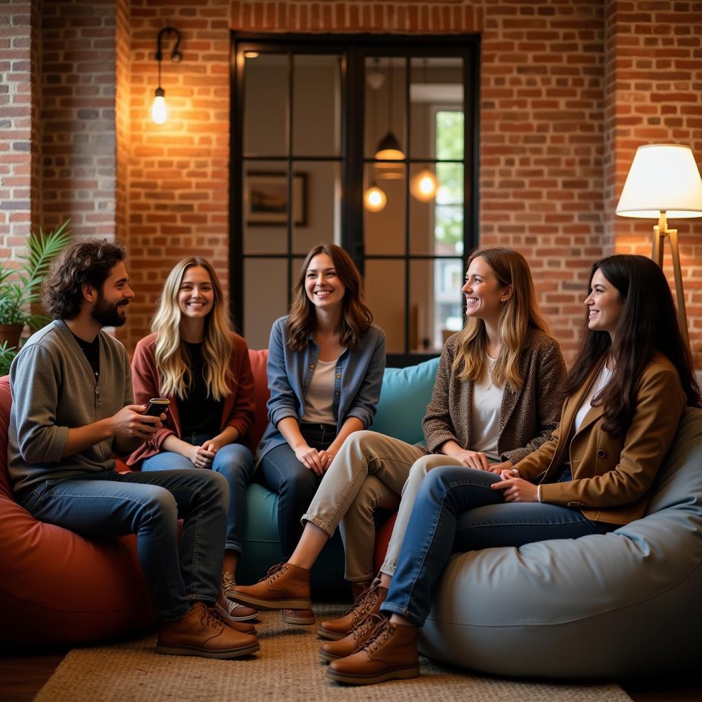 A group of travelers socializing in a home hostel common area