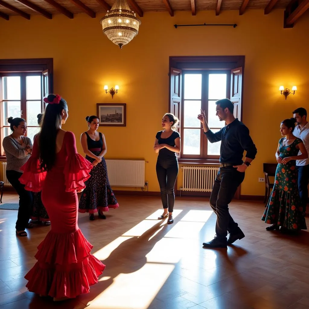 Group of travelers learning flamenco dance from a Spanish instructor