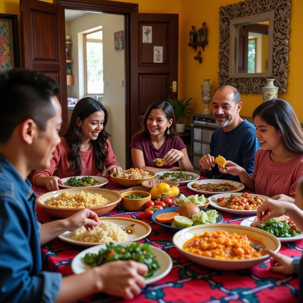 Family enjoying a traditional Mexican meal together in a Guadalajara home