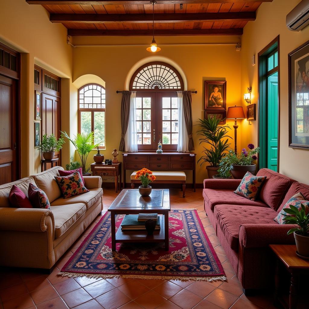 Bright and airy living room of a Guadalajara home decorated with traditional Mexican textiles and crafts