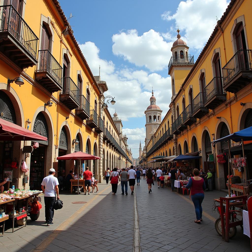 Bustling street scene in Guadalajara with colorful buildings, street vendors, and people going about their day