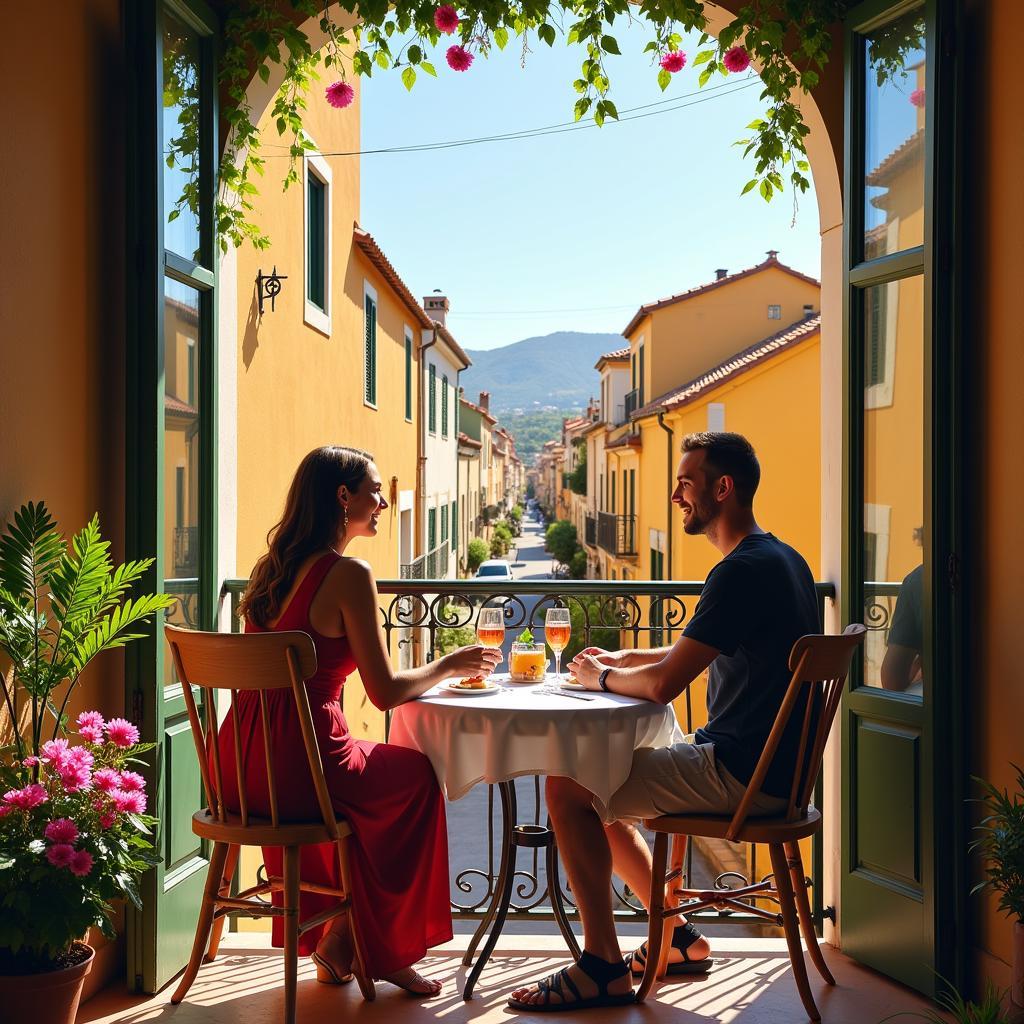 Guest and host enjoying a conversation on a Spanish balcony