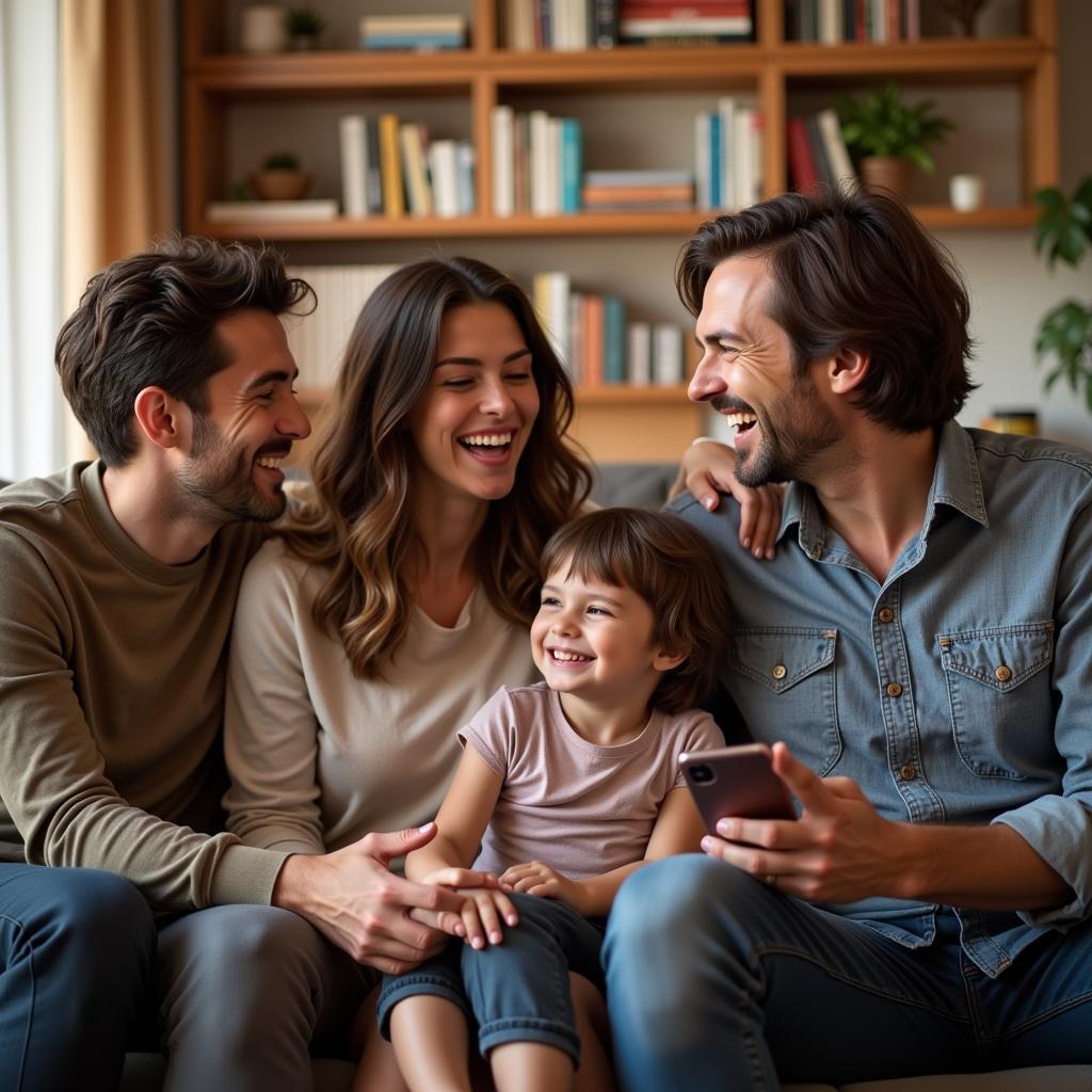 Guest and Host Family Laughing Together in Spanish Living Room