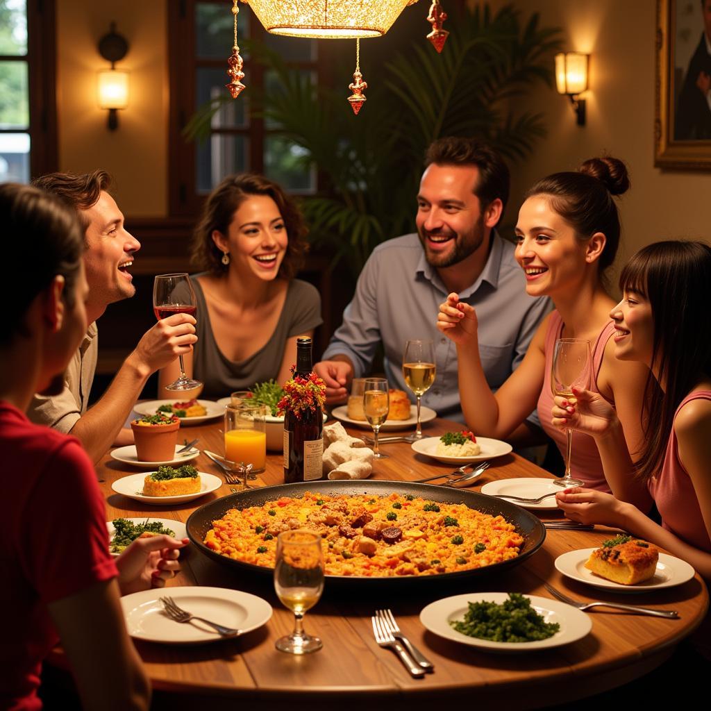 Guests and host family enjoying a paella dinner as a Homer Gladiador celebration