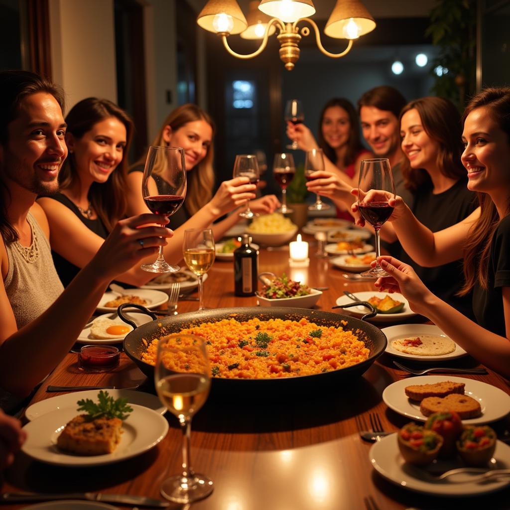 Guests gather around a table laden with a steaming paella pan, sharing laughter and enjoying the fruits of their labor.