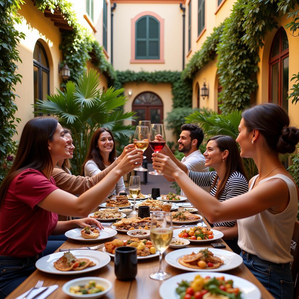 Guests enjoying tapas and wine in a Spanish courtyard