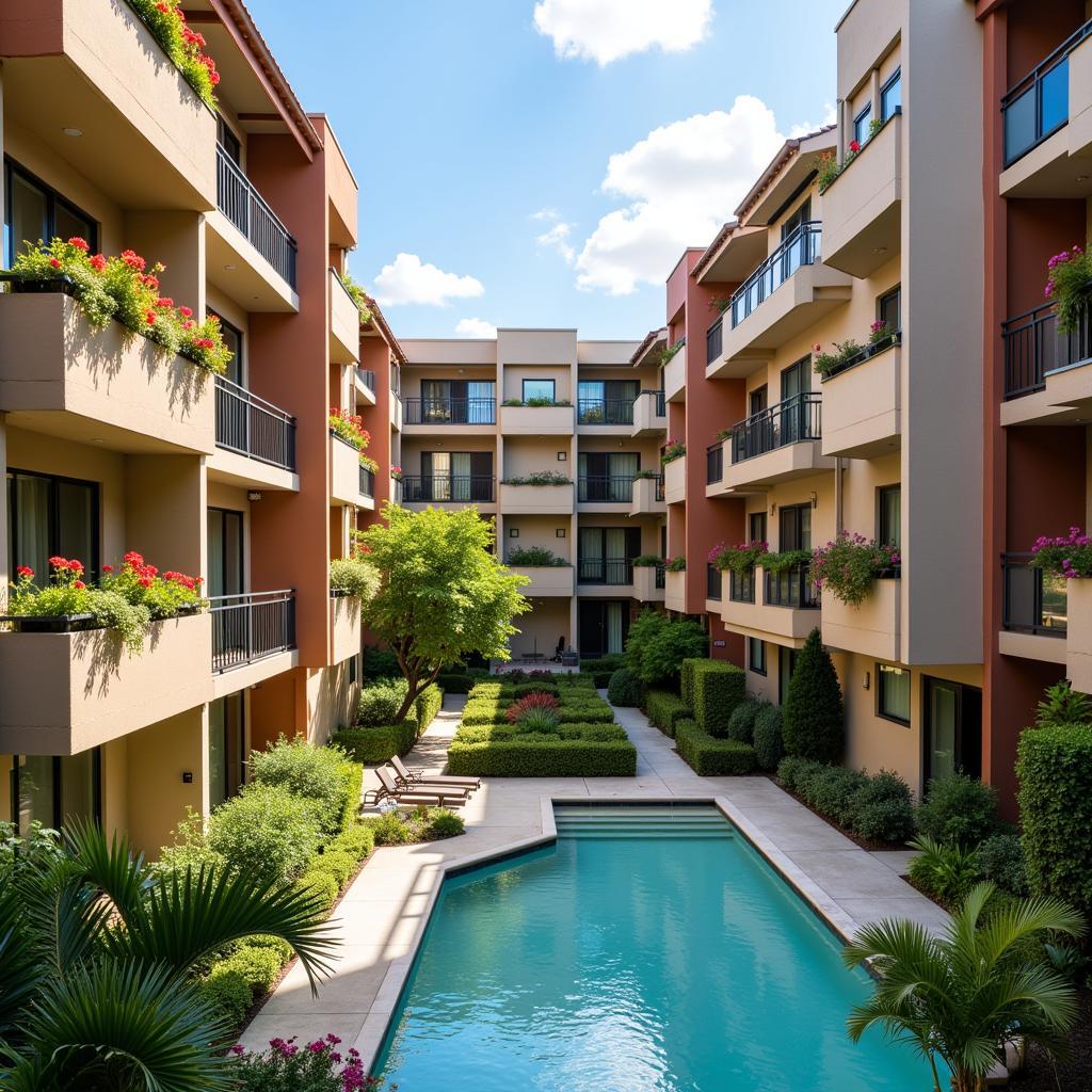 Modern apartments with balconies overlooking a lush green courtyard in Valencia, Spain.