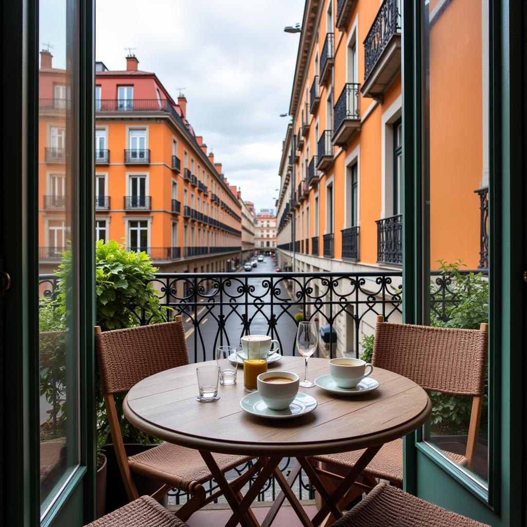 A cozy balcony overlooking a typical Madrid street, with a table and chairs set for enjoying the view