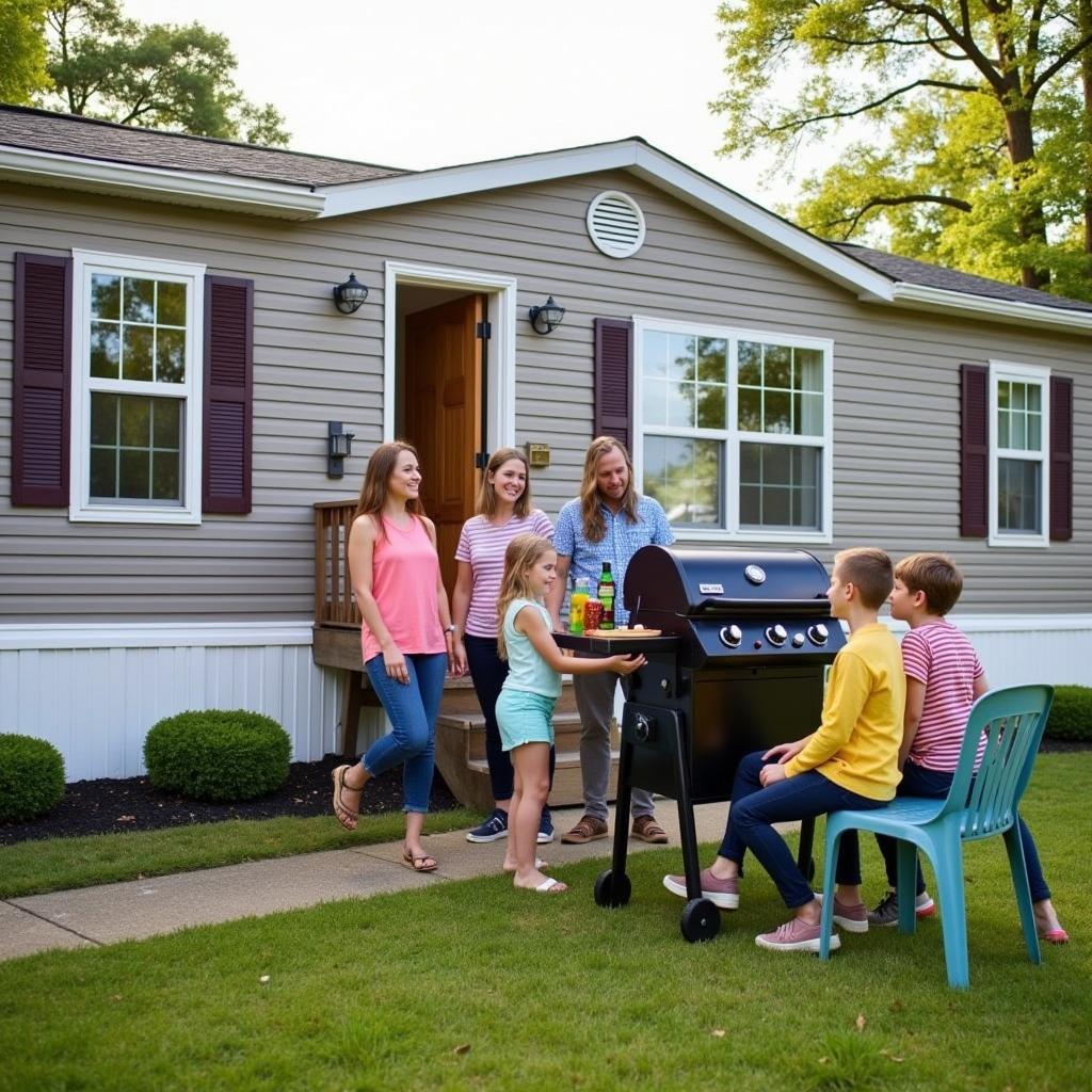 A family enjoys the comfort and security of their mobile home, protected by durable and stylish skirting.