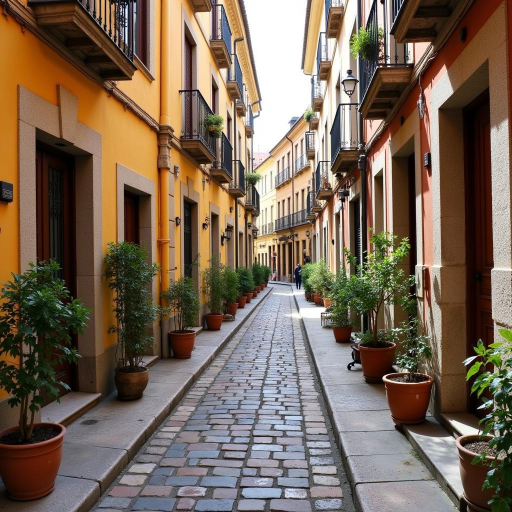 A young woman with a backpack smiles brightly while exploring a charming Spanish town square