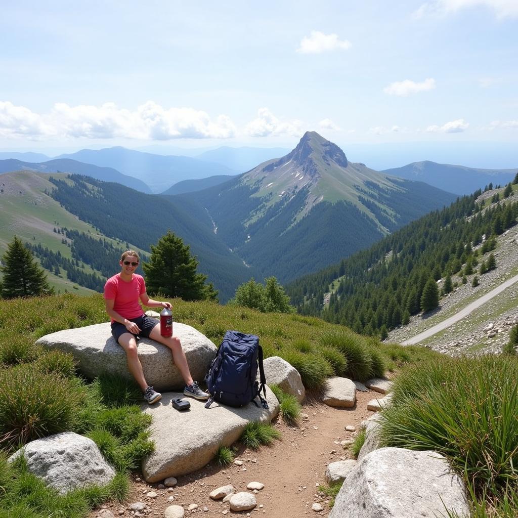 A hiker taking a break on a rock with scenic views of the Turo de l'Home landscape