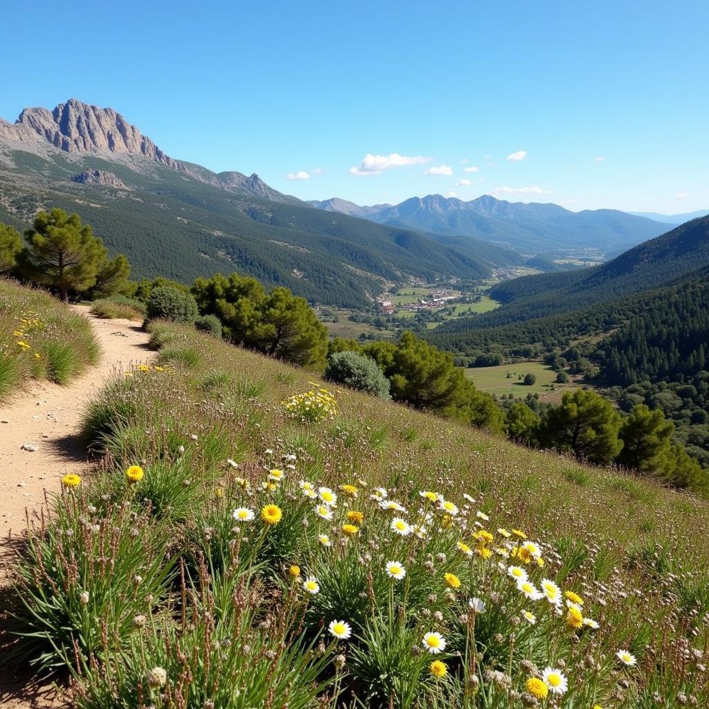  A winding hiking trail leads through a valley in the Spanish mountains, surrounded by lush greenery and wildflowers.