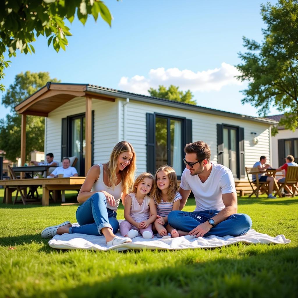 Family enjoying their mobile home at Homair Vilanova Park