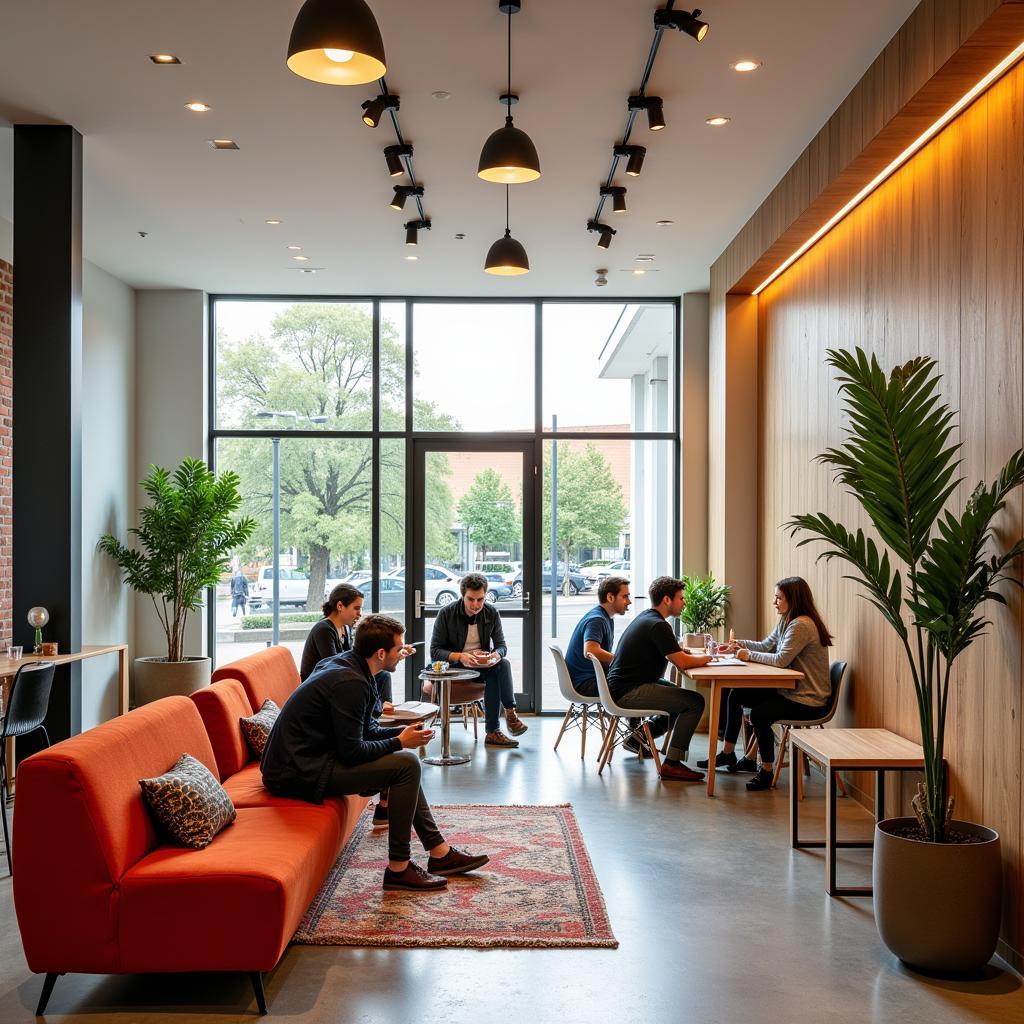 Students socializing in the communal living space at Home & Co Lisbon