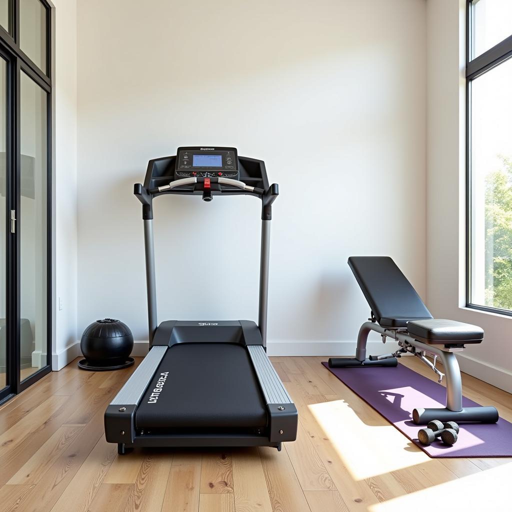 A well-equipped home gym with various exercise equipment.