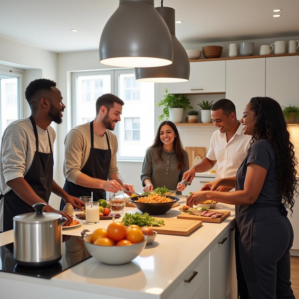 Guests cooking together in a Spanish home hostel kitchen