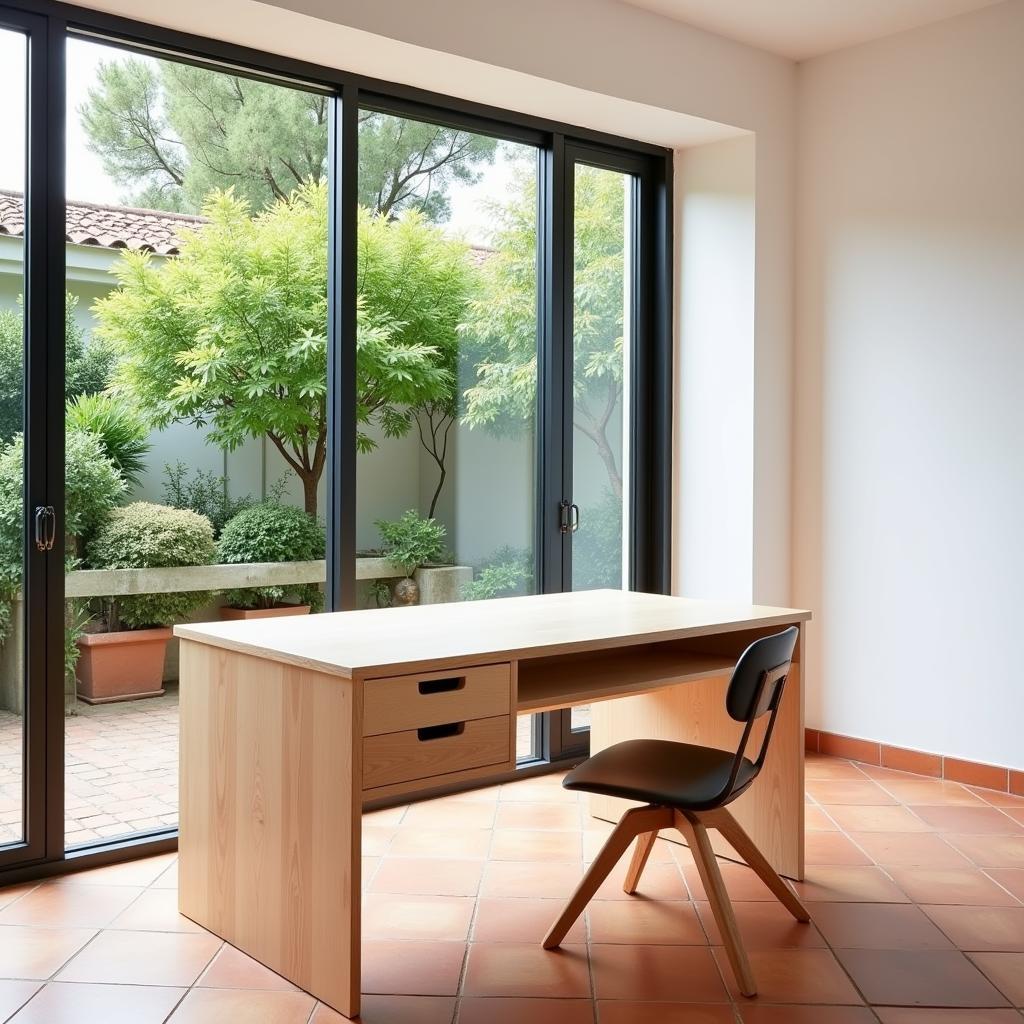 Modern home office desk with a view of a Spanish villa