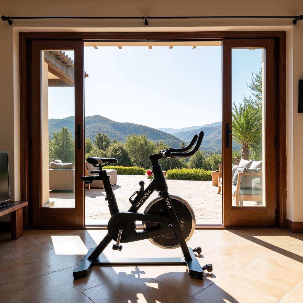 Modern home spin bike in a Spanish villa living room